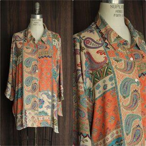 Rose & Olive Womens Blouse, Plus Size 1X, Orange Multicolor Paisley Print,